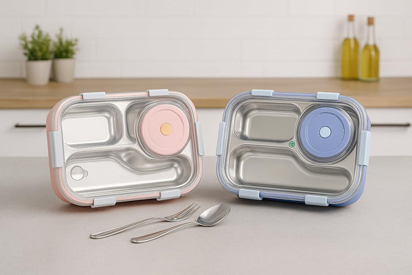 Mansa Home Bento 3 Compartment (Purple with Chutney Box) Stainless Steel Lunch Box with Steel Cutlery Inside | Heating & Water Insulation Design | Leak-Resistant | 750 ML | Office & School