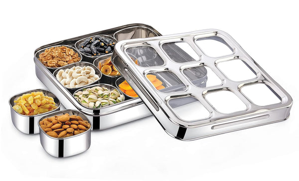 Stainless Steel Dry Fruit Box 9 Bowl With 3d Cut Lid