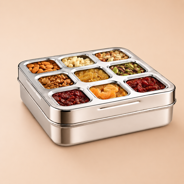 Stainless Steel Dry Fruit Box 9 Bowl With 3d Cut Lid