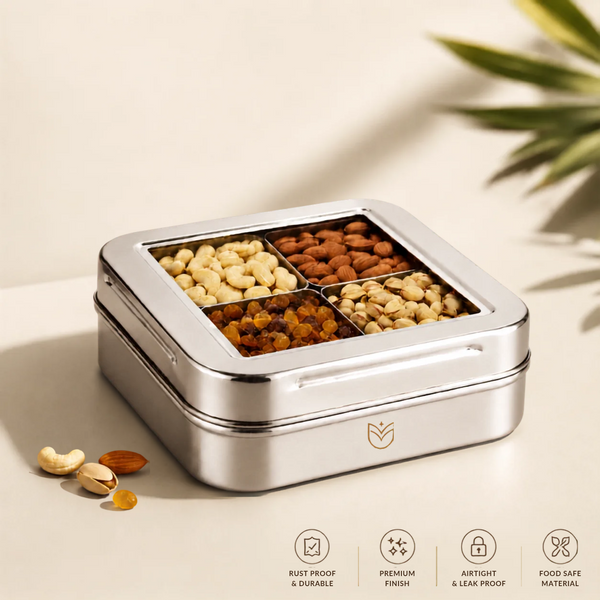 Mansa Home Stainless Steel 4 Dry fruit/Spice Box for Kitchen | See-Through Lid Masala/Dry Fruit Box