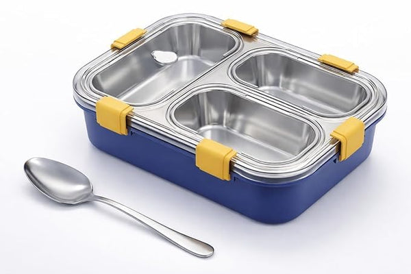 Mansa Home 3 Compartment Lunch Box Insulated Air Tight BPA Free Lunch Box, Stainless Steel 100% Leak Proof Lunch Containers with a Fork, a Spoon and a Pair of Chopsticks for School Kids -750Ml (Blue)