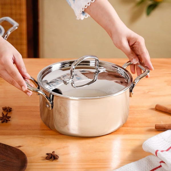 Mansa Home Triply Stainless Steel Casserole Pot with Lid (3000 ml) - Heavy Bottom Steel Stock Pot for Rice, Biryani, Stew & Curry | Induction & Gas Stove Friendly Sauce Pot