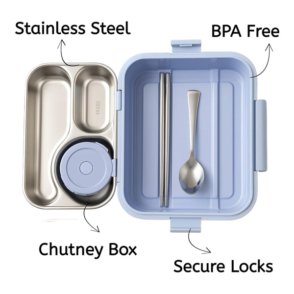 Mansa Home Bento 3 Compartment (Purple with Chutney Box) Stainless Steel Lunch Box with Steel Cutlery Inside | Heating & Water Insulation Design | Leak-Resistant | 750 ML | Office & School