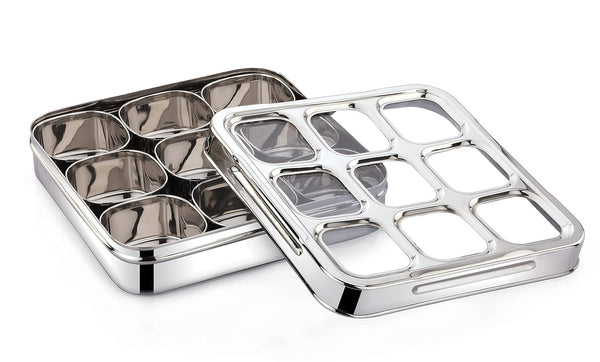 Stainless Steel Dry Fruit Box 9 Bowl With 3d Cut Lid