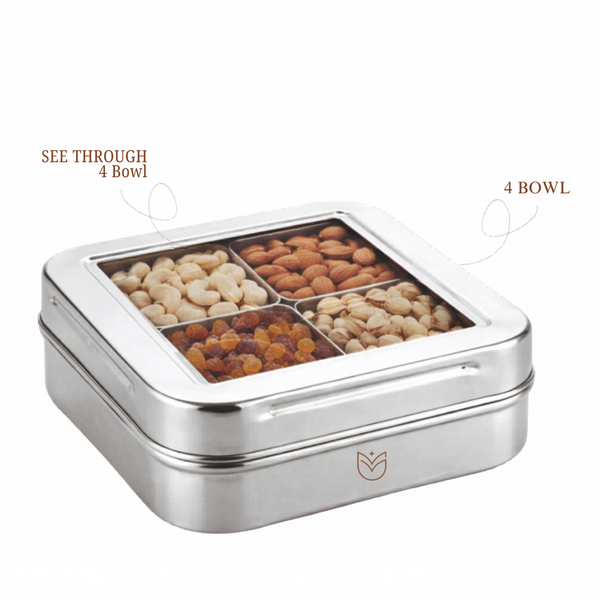 Mansa Home Stainless Steel 4 Dry fruit/Spice Box for Kitchen | See-Through Lid Masala/Dry Fruit Box