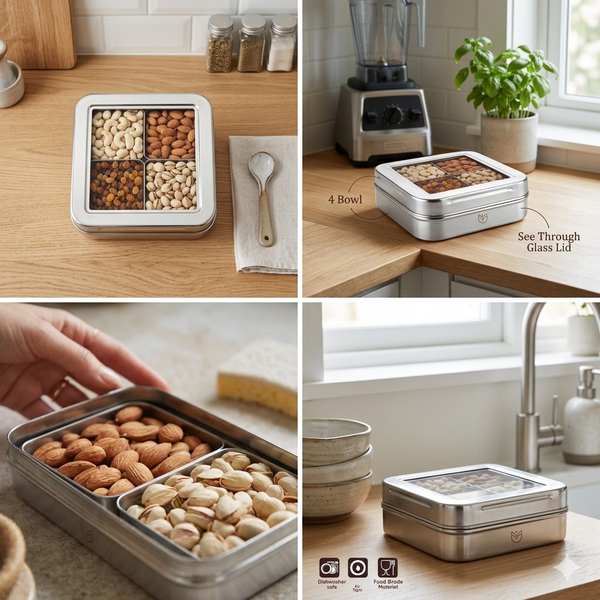 Mansa Home Stainless Steel 4 Dry fruit/Spice Box for Kitchen | See-Through Lid Masala/Dry Fruit Box