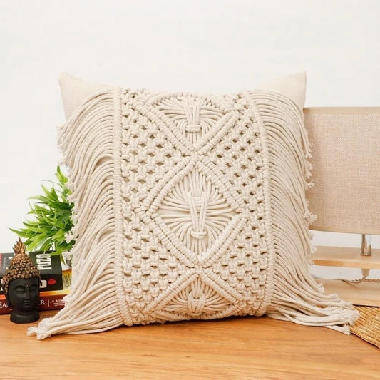 Bohemian Macrame Cushion Cover 40x40cm | Natural Cotton | Handmade