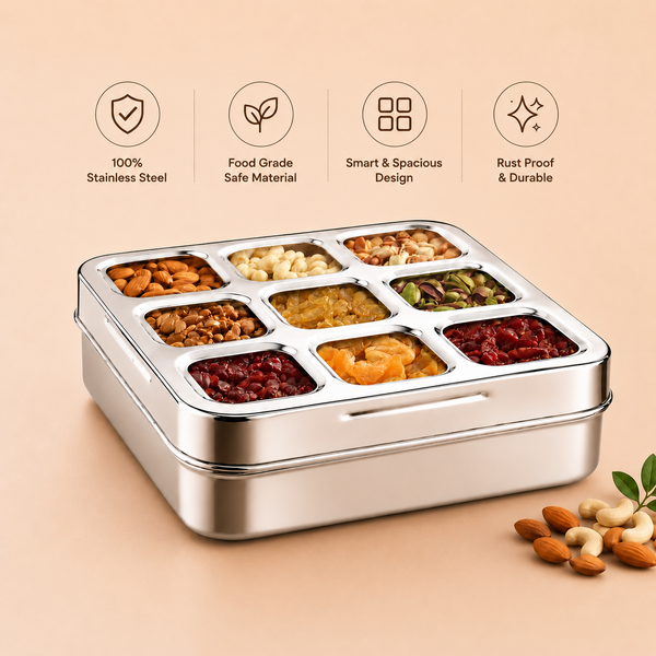 Stainless Steel Dry Fruit Box 9 Bowl With 3d Cut Lid