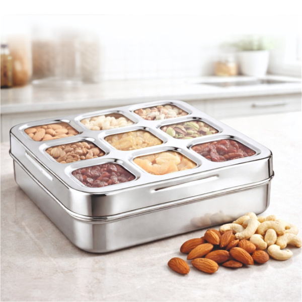 Stainless Steel Dry Fruit Box 9 Bowl With 3d Cut Lid